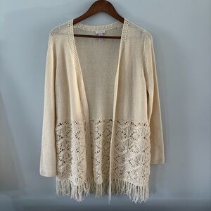 Chico’s Crocheted Knit Open Front Longline Boho Fringe Cardigan Sweater 1